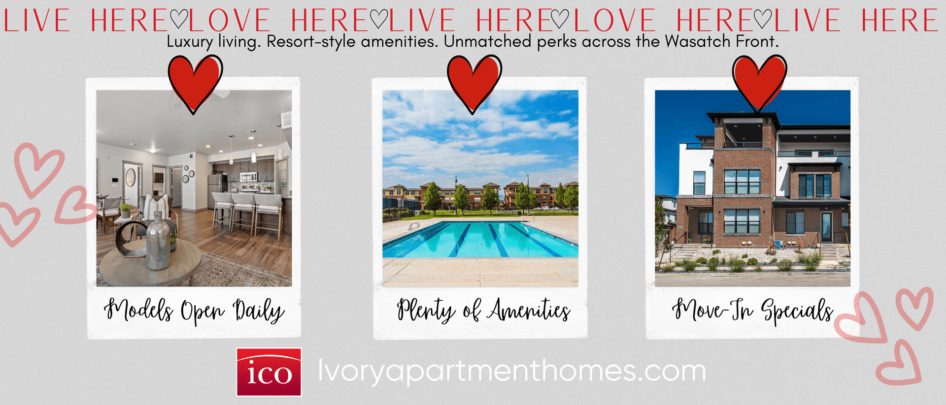 Display image for Ivory Apartments, highlighting model spaces, amenities, and move in specials