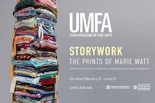 Display ad for the Utah Museum of Fine Arts. Storywork, the prints of Marie Watt. On view February 21st through June 21st.